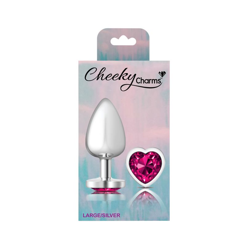 Cheeky Charms Silver Metal Butt Plug w Heart Pink Jewel Large - Image 4